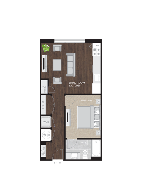 Floor plan for 1 bed, 1 bath, 661 sqft